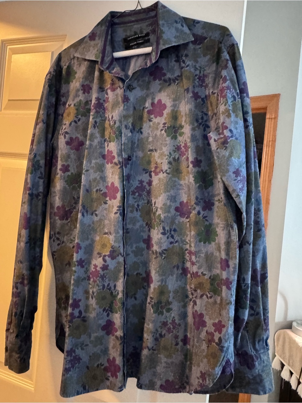 Men's Floral Dress Shirt - Blue with Purple & Green Accents